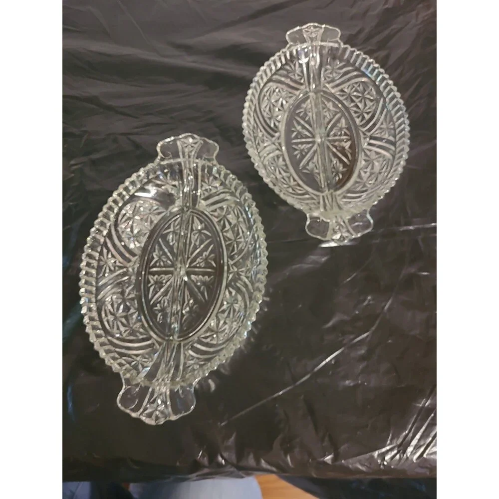 (2) MCM Vintage Anchor Hocking Pressed Glass Crystal Relish Serving Dishes Trays